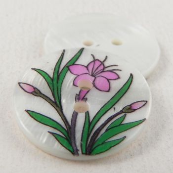 23mm Pink Lillies Round River Shell 2 Hole Button