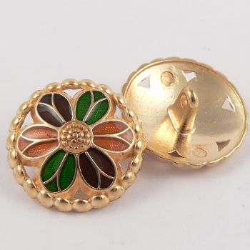 23mm  Metal Gold and Orange & Green Flower Shank Button