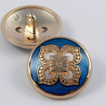 23mm Gold Metal & Turquoise Enamel Flower Shank Button