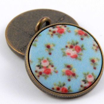 15mm Blue Floral Epoxy Insert Brass Metal Shank button