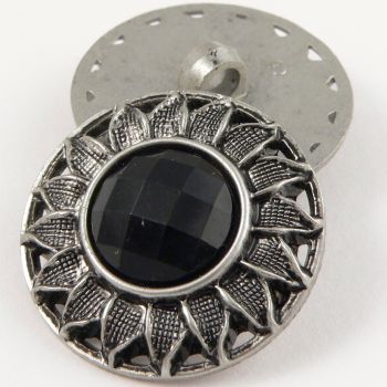 30mm Faceted Black Shank Coat Button Encased in Metal Flower