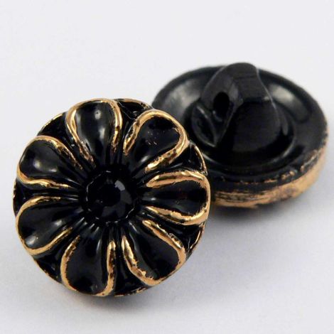 13mm Gold & Black Floral Glass Shank Button